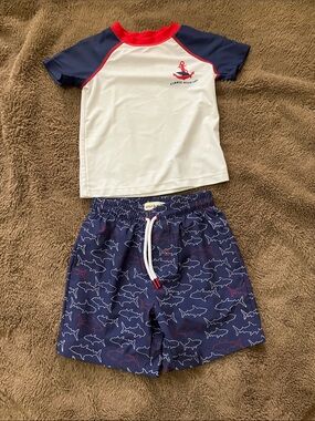 Kids Navy Shark Print Swim Trunks with White Rash Guard - Red Trim